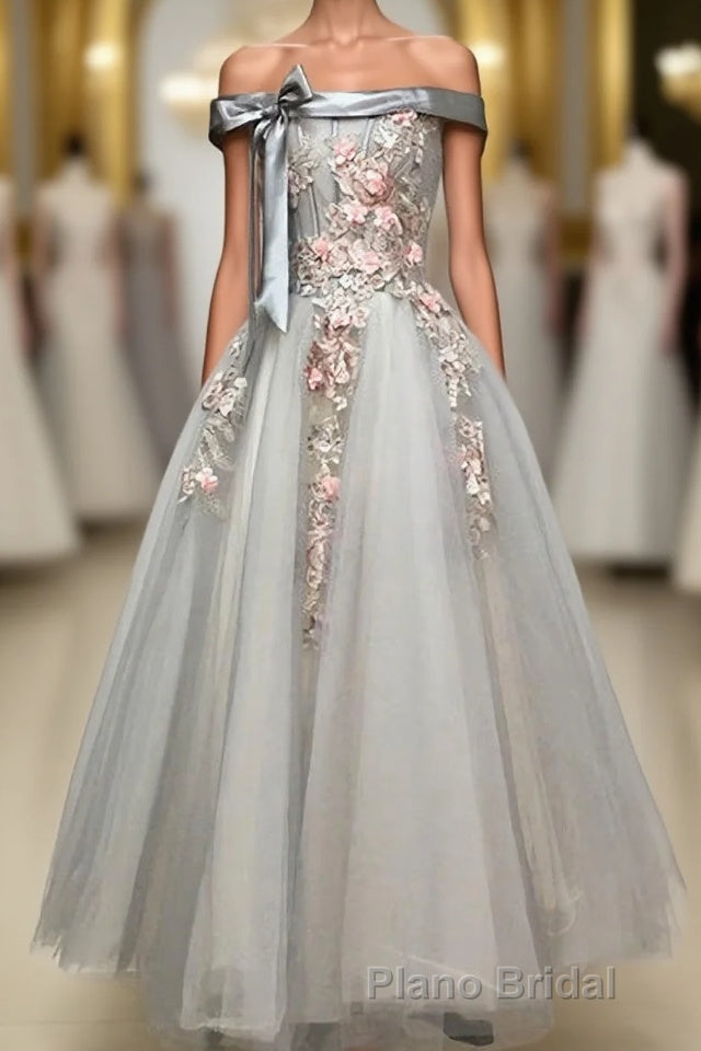 Light Grey Tulle Off Shoulder Flower Lace A Line Formal Prom Dresses Main image