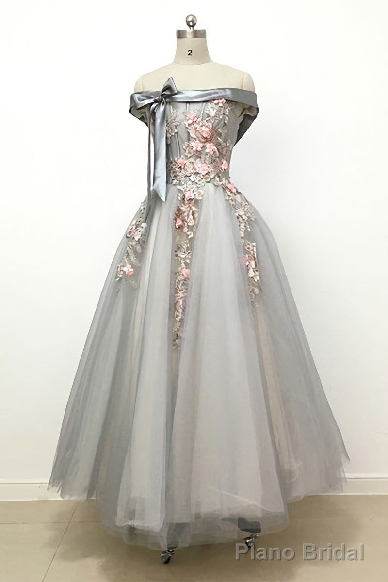 Light Grey Tulle Off Shoulder Flower Lace A Line Prom Dresses Main image