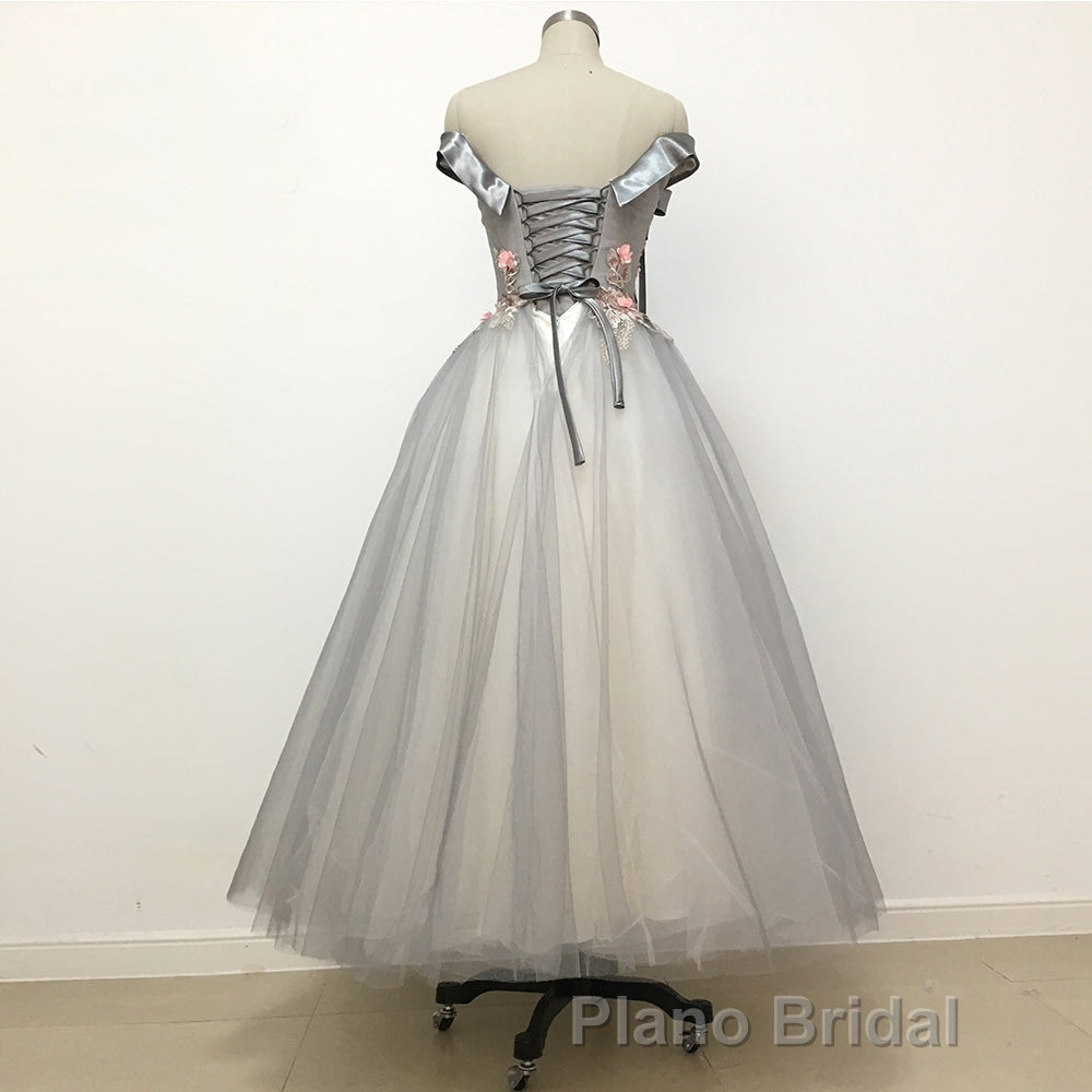 Light Grey Tulle Off Shoulder Flower Lace A Line Formal Prom Dresses Secondary image