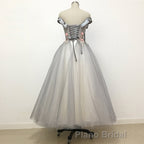 Light Grey Tulle Off Shoulder Flower Lace A Line Formal Prom Dresses
