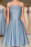 Sky Blue A Line Satin Blue Spaghetti Straps Short Formal Prom Dresses