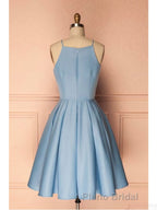 Sky Blue A Line Satin Blue Spaghetti Straps Short Formal Prom Dresses
