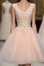 Princess V Neck Tulle Short Mini Appliques Lace Sweet Formal Prom Dresses