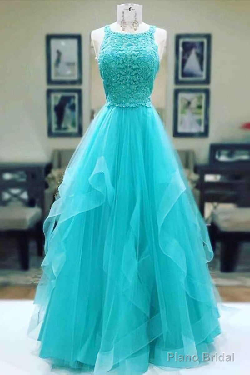 Elegant Charming Sleeveless Blue Tulle Lace Long Prom Dresses Main image