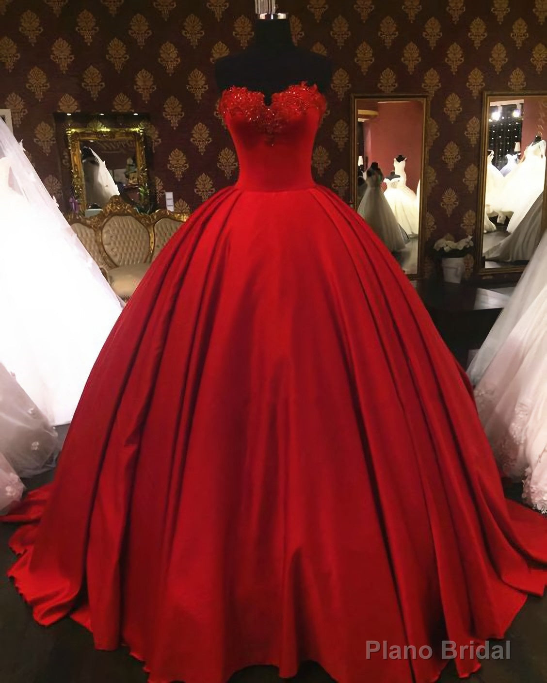Sweetheart Wine Red Lace Appliques Red Princess Prom Dresses Secondary image