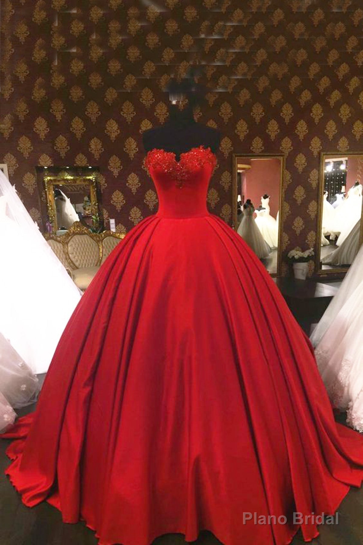 Sweetheart Wine Red Lace Appliques Red Princess Prom Dresses Main image