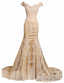 champagne prom dresses lace elegant appliques  tulle mermaid evening dresses v neck celebrity party dresses