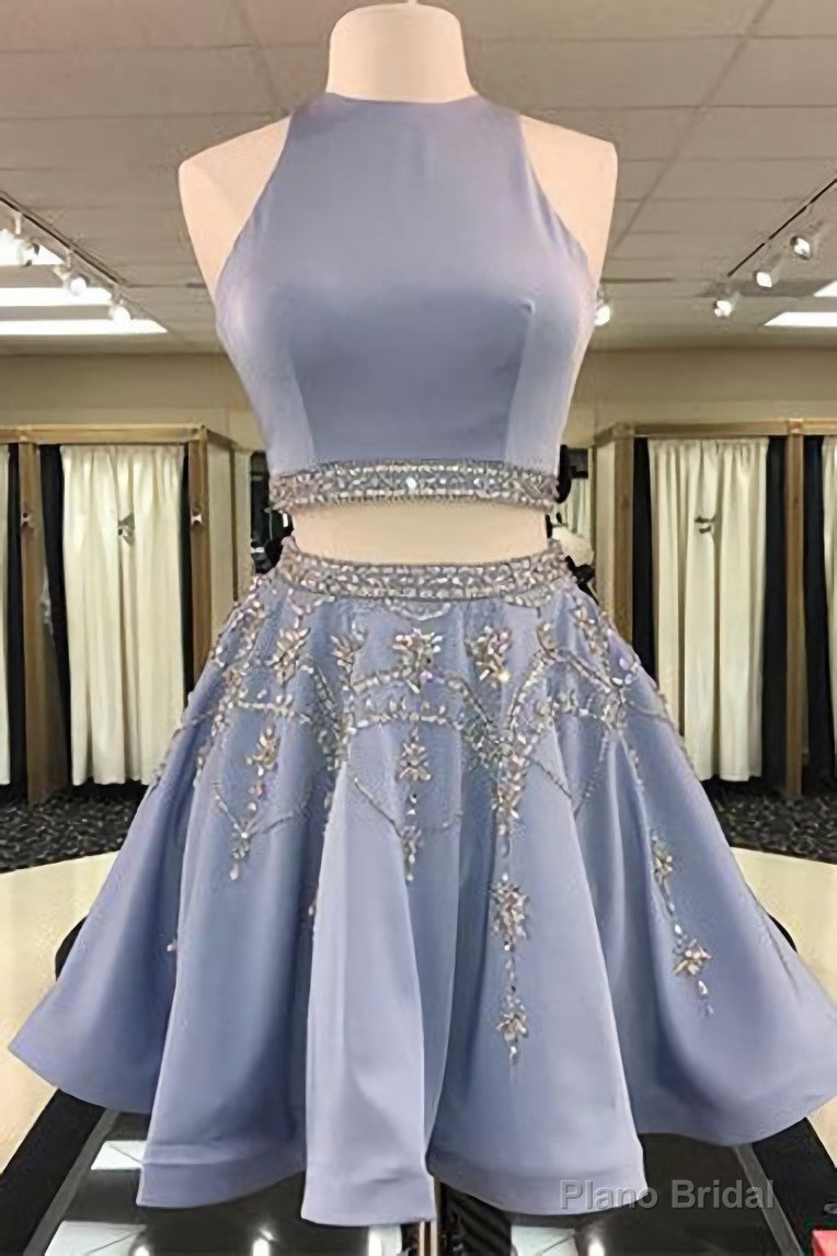 Stylish Two Piece A Line Jewel Sleeveless Short With Beading Prom Dresses Main image