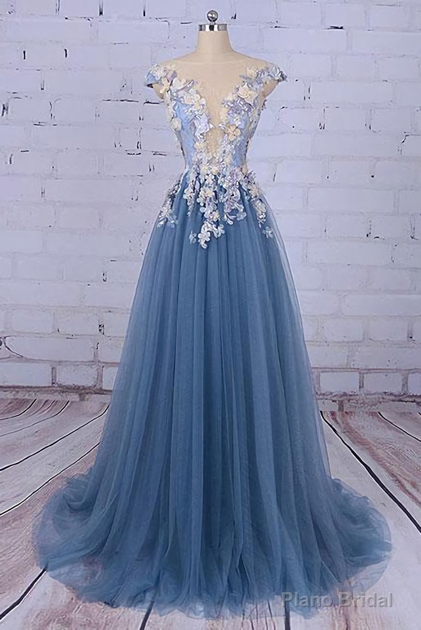 Unique Pncess Appliqued Tulle Long Prom Dresses