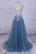 Unique Pncess Appliqued Tulle Long Prom Dresses