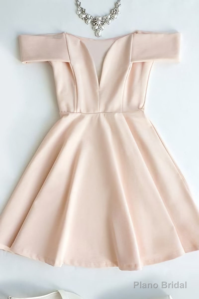 Cute Off The Shoulder Light Pink V Neck Short Prom Dresses