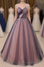 Charming A Line V Neck Navy Blue Princess Tulle Formal Prom Dresses