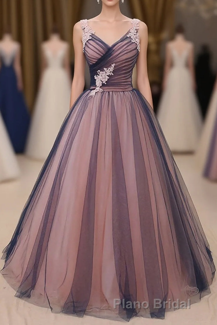 Charming A Line V Neck Navy Blue Princess Tulle Formal Prom Dresses Main image