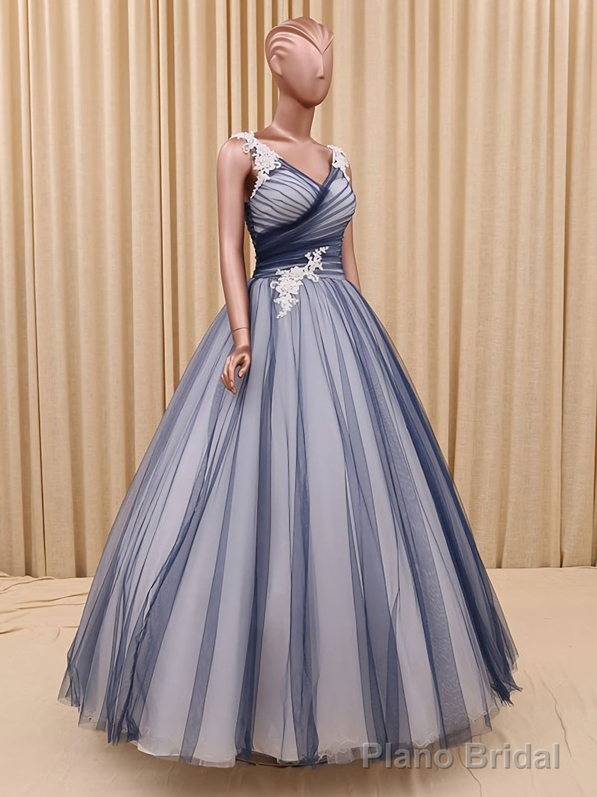Charming A Line V Neck Navy Blue Princess Tulle Prom Dresses Secondary image