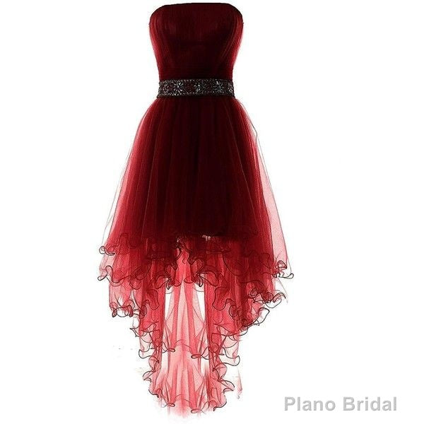 Dark Wine Red Tulle Sleeveless Asymmetry High Low Beaded Prom Dresses Main image