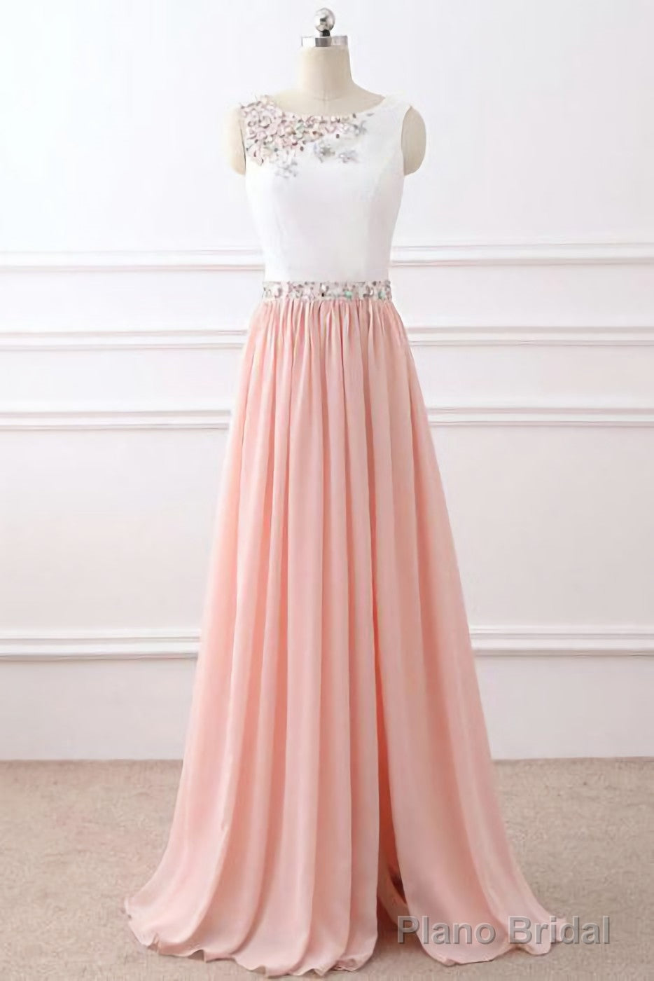 Chic A Line Chiffon Pink Beading Long Sleeveless Prom Dresses Main image