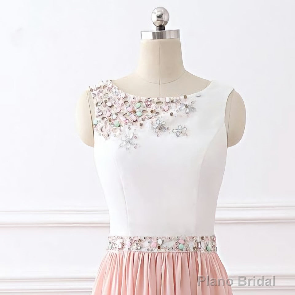 Chic A Line Chiffon Pink Beading Long Sleeveless Prom Dresses