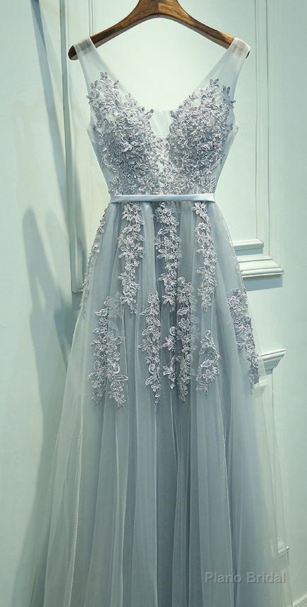 A Line V Neck Tulle Sleeveless Prom Dress, Gray Prom Dresses With Lace V Neck Homecoming Dress, Prom Dress, Prom Dress Main image