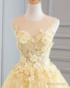 Yellow Lace Customize Long A Line Senior Halter Prom Dresses