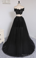 Two Pieces A-line V-neck Cap Sleeves Tulle Lace Slit Long Women Prom Dresses Prom Evening Gown