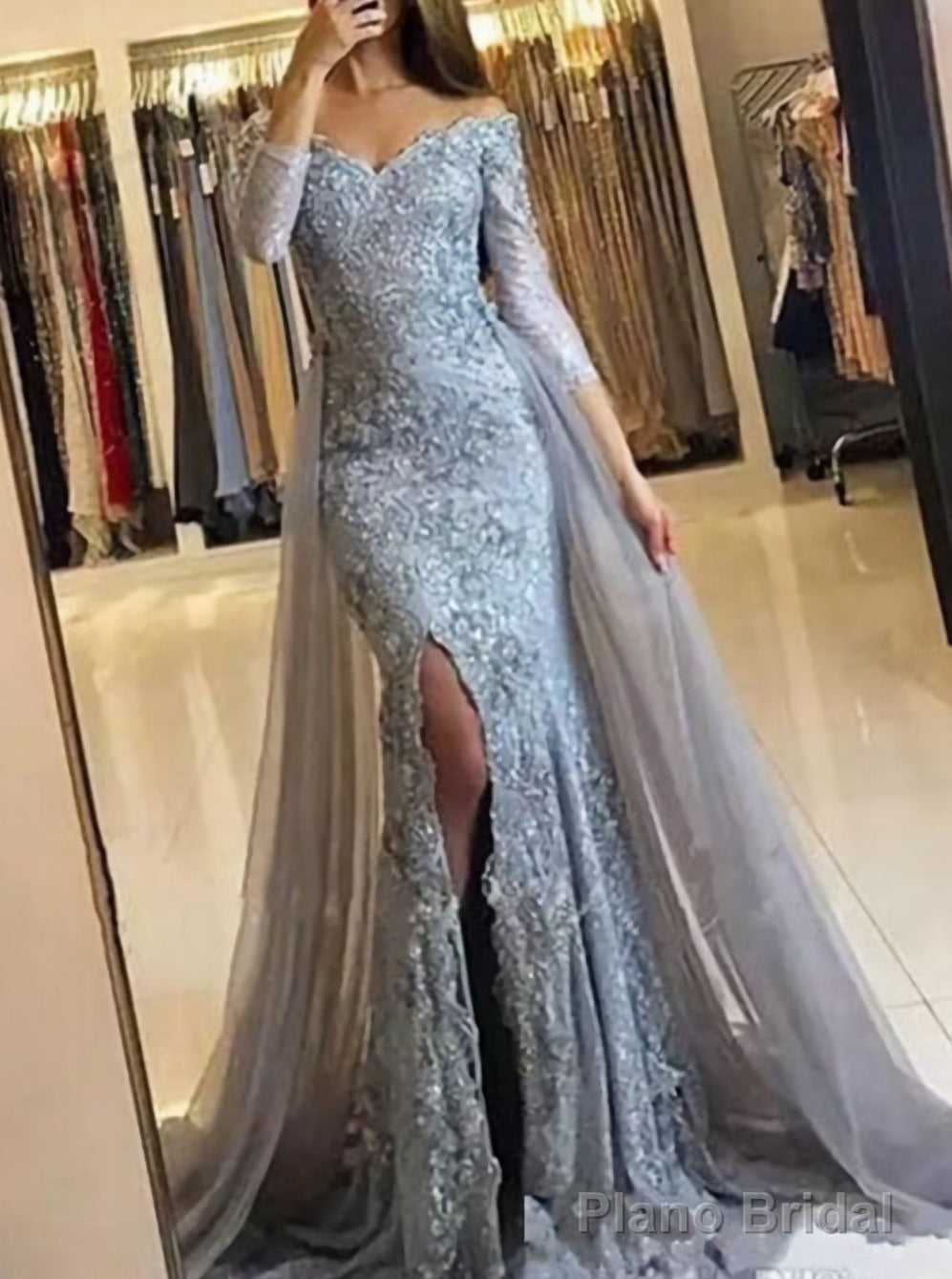 Fashion Mermaid Off The Shoulder Long Sleeves Split Front Lace Long Prom Dresses Main image
