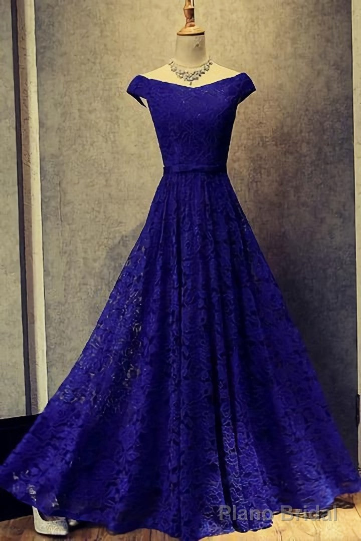 Royal Blue Lace Long Off Shoulder Prom Dresses Main image