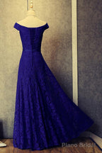Royal Blue Lace Long Off Shoulder Prom Dresses