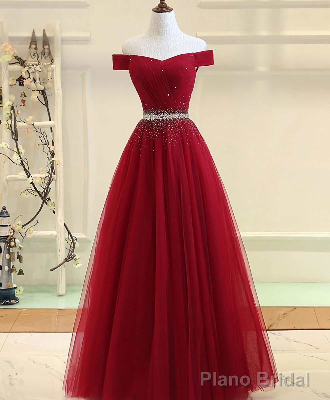 Burgundy Tulle Off Shoulder Long A Line Prom Dresses