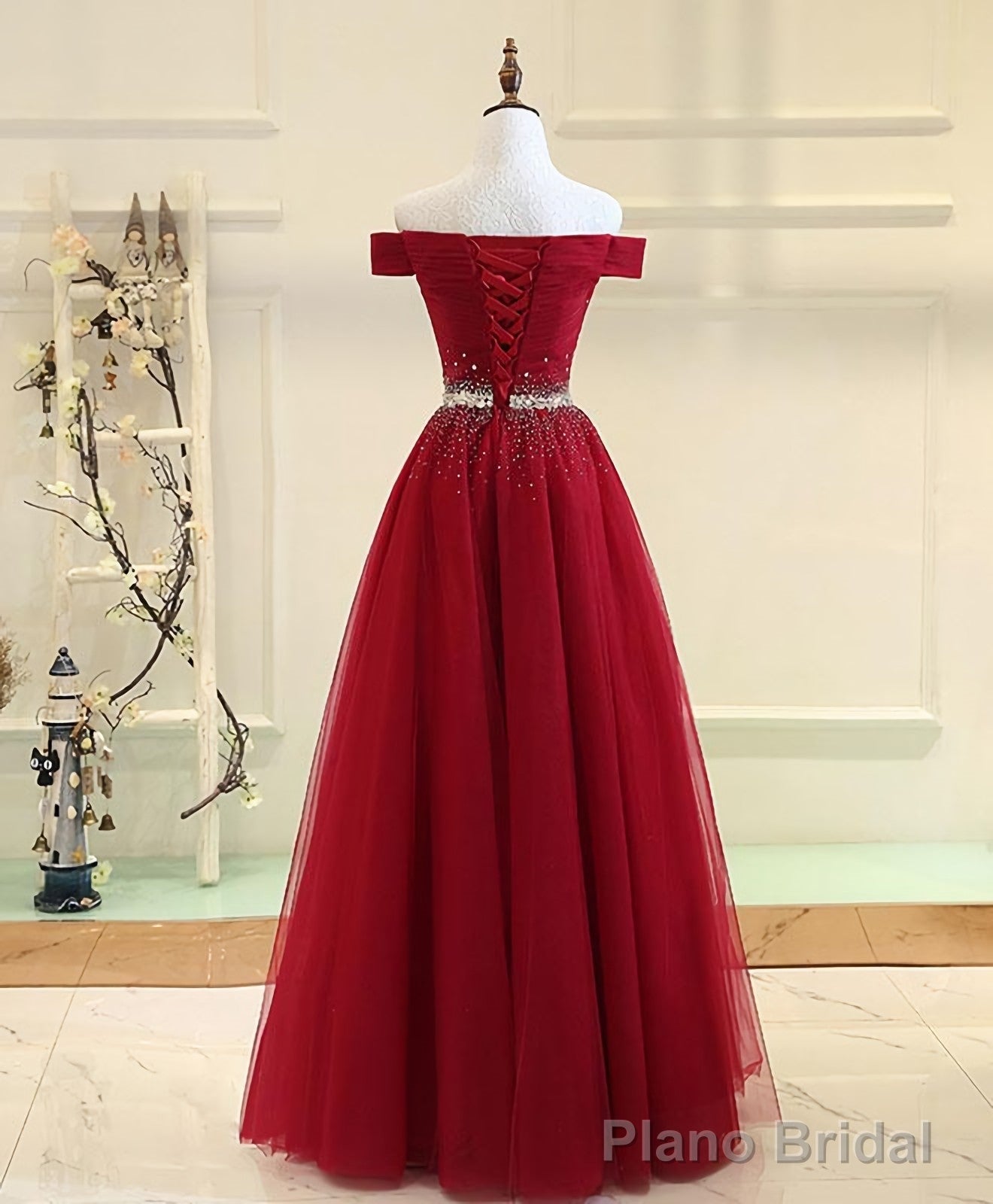 Burgundy Tulle Off Shoulder Long A Line Prom Dresses