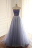 Stylish A Line Strapless Tulle Long With Beading Prom Dresses