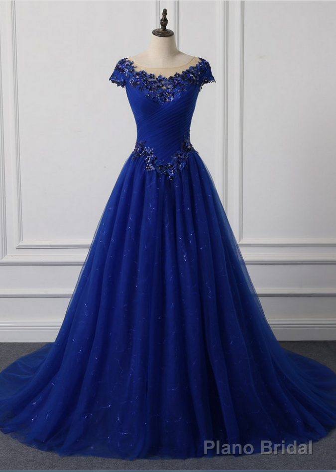 Long Neck Appliqued Wedding Dress Royal Blue Wedding Party Dresses Main image