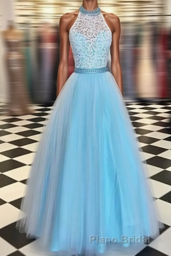 Prety Halter Long Lace Tulle Beding Light Blue For Teens Elegant Formal Prom Dresses Main image