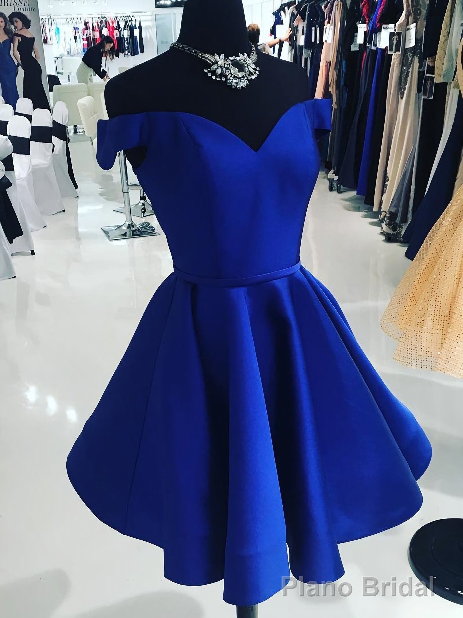 A Line Off The Shoulder V Neck Royal Blue Short Knee Length Taffeta Dc07 Prom Dresses Main image