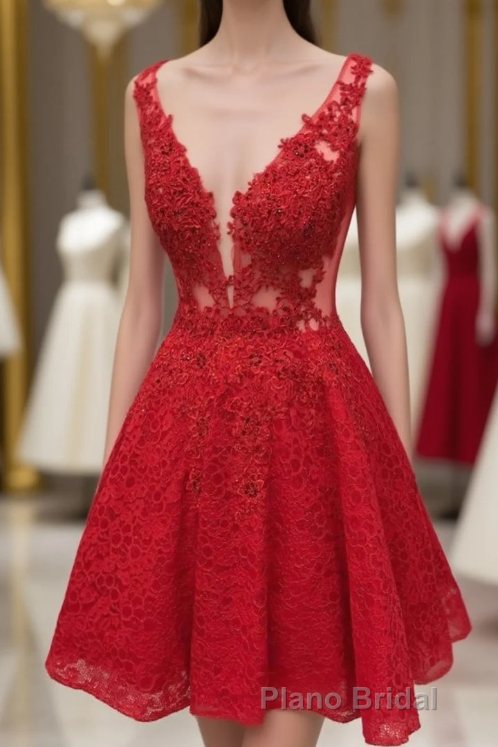 Cute Red Lace Appliques Short V Neck Sleeveless Mini Dc14 Formal Prom Dresses Main image