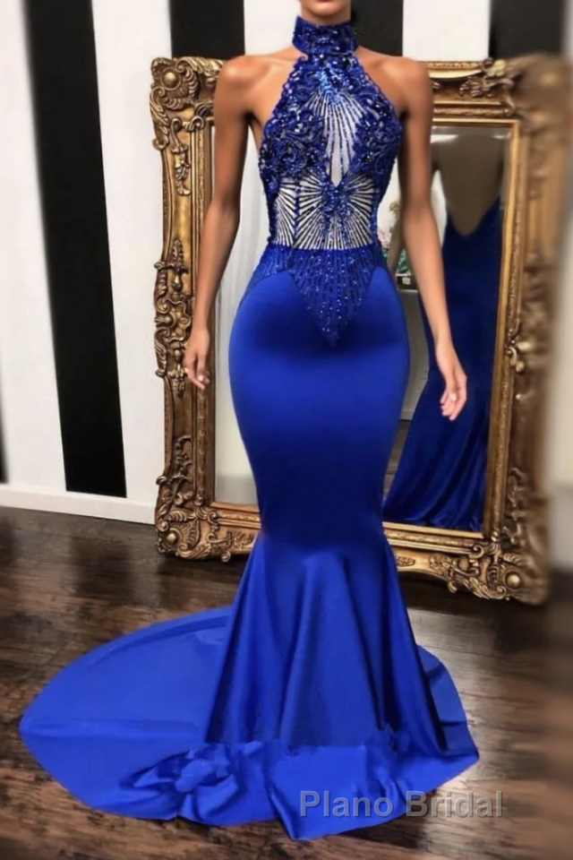 High neck halter beaded royal blue satin . Sleeveless. Illusion beading bodice. Mermaid long with sweep train Formal Prom Dresses Main image