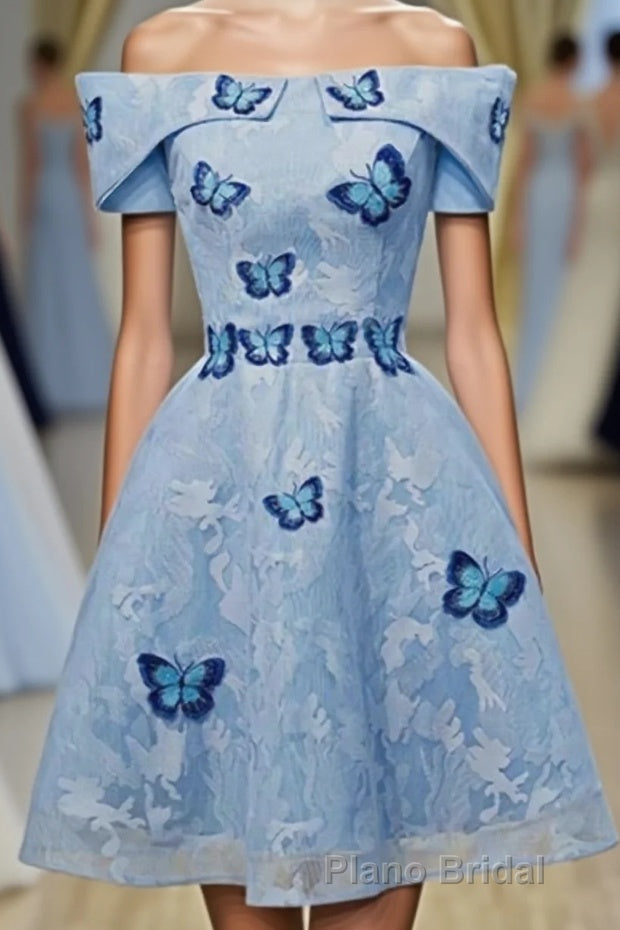 Sky Blue Off Shoulder Lace Short Lace With Butterfly Appliques A Line Off The Shoulder Dc51 Formal Prom Dresses Main image