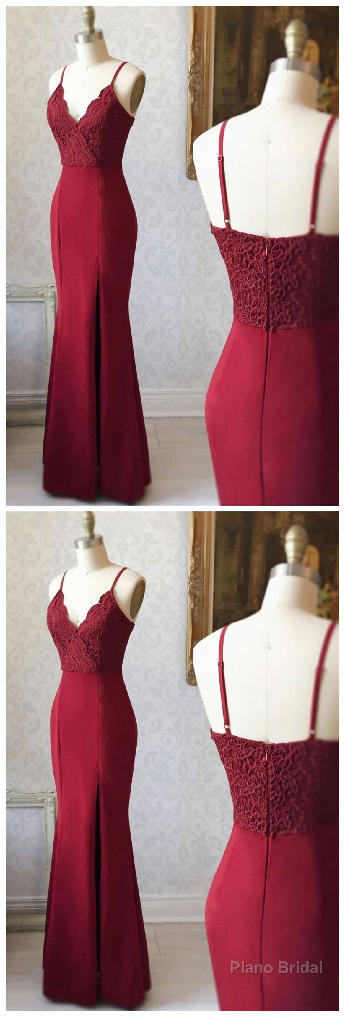 BURGUNDY V NECK LACE MERMAID LONG BURGUNDY Evening Dresses Main image