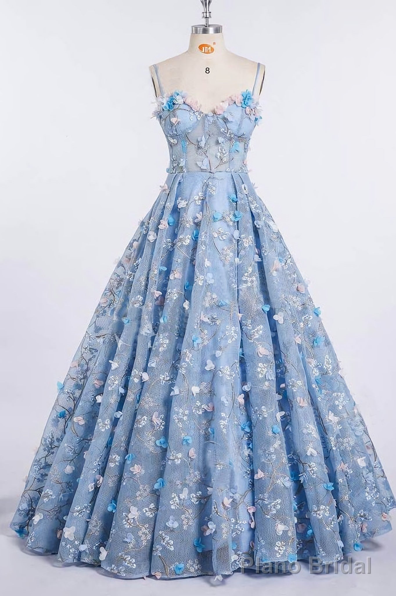 Princess Spaghetti Strap 3D Flower Applique Sky Blue Prom Dresses Main image