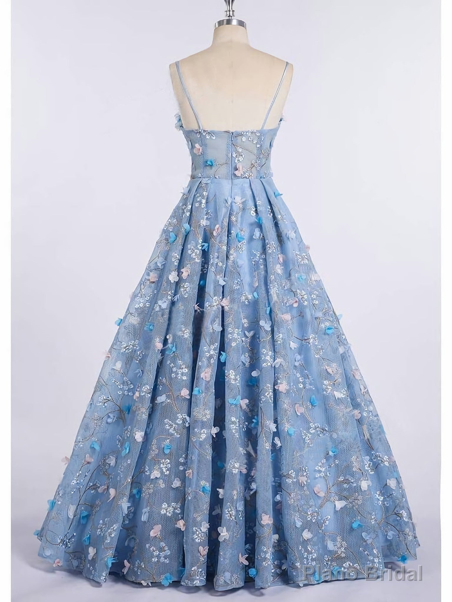 Princess Spaghetti Strap 3D Flower Applique Sky Blue Prom Dresses Secondary image