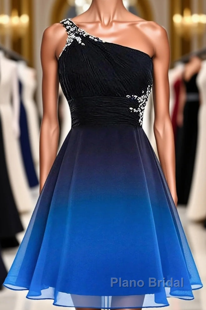 A Line Ombre Blue And Black One Shoulder Short Dc289 Formal Prom Dresses