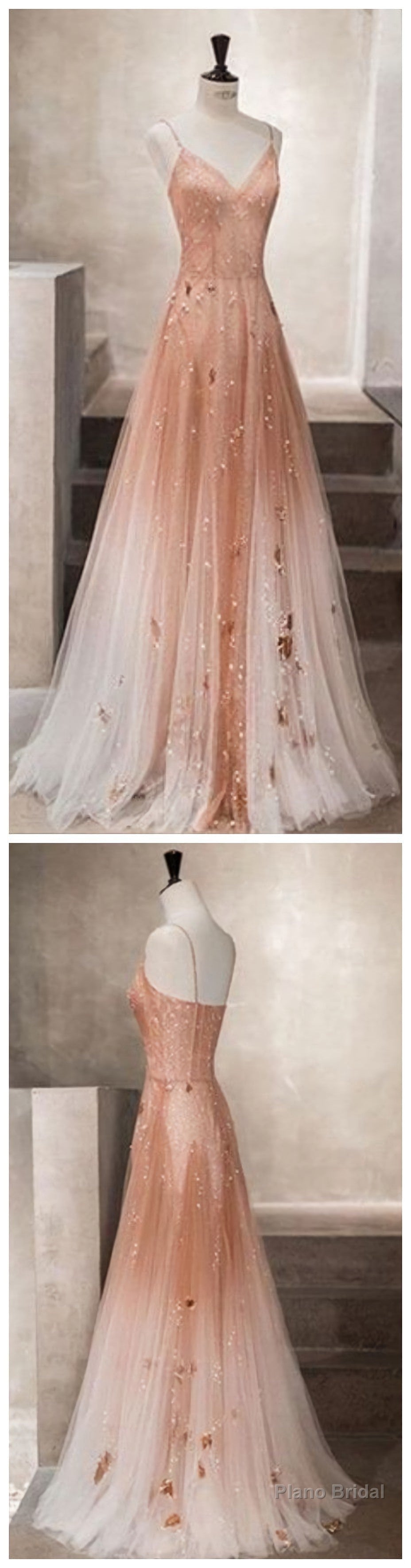 Unique champagne tulle long tulle Evening Dresses Secondary image