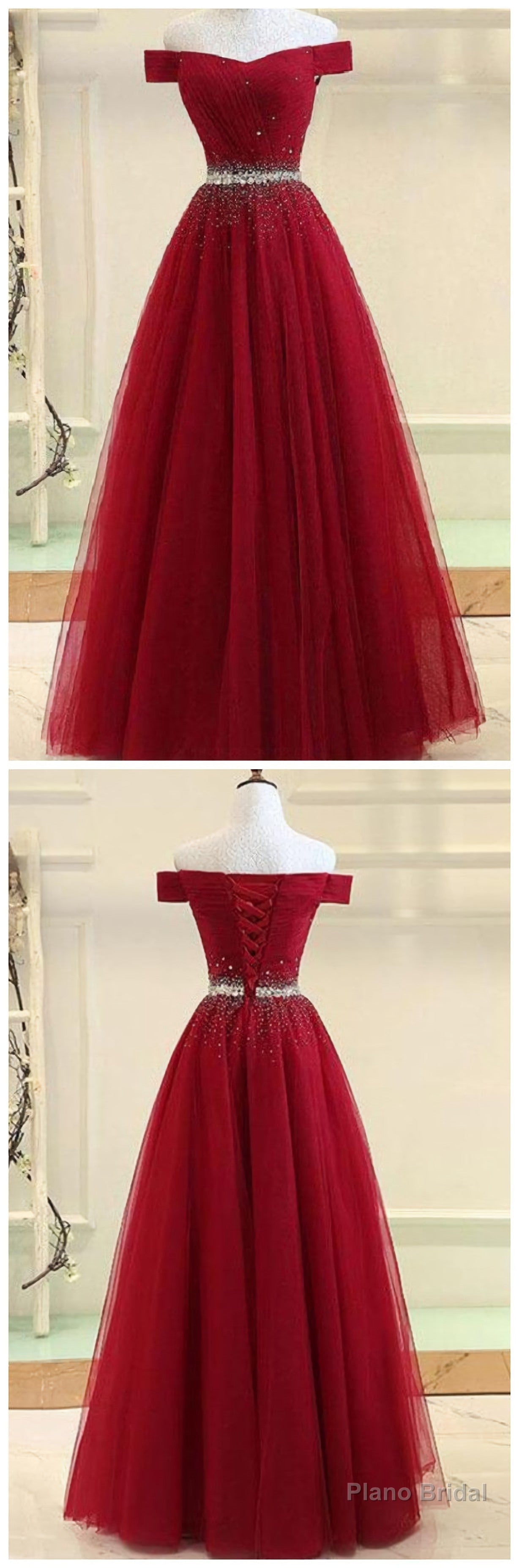 A Line Burgundy Off The Shoulder Lace Up Tulle Sweetheart Long Prom Dresses Secondary image