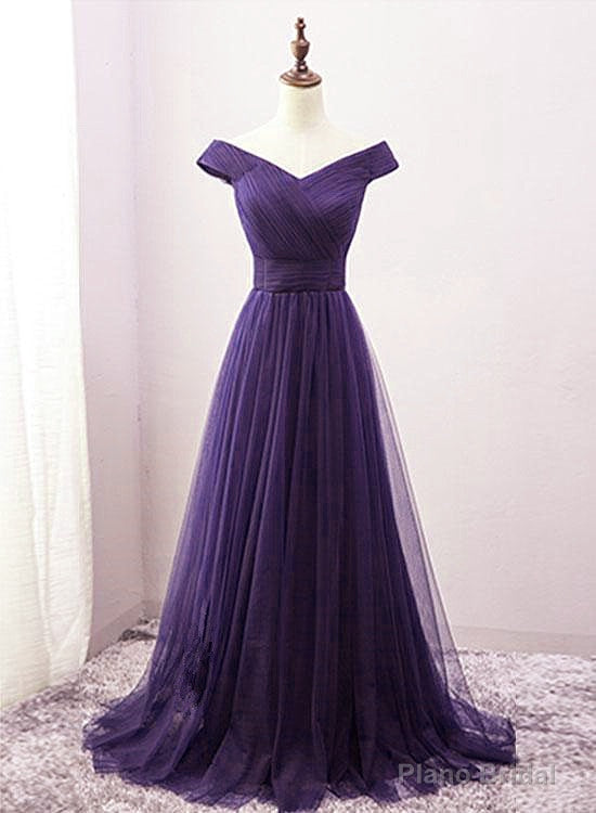 Long Purple A-line Off the Shoulder Tulle Prom Dresses