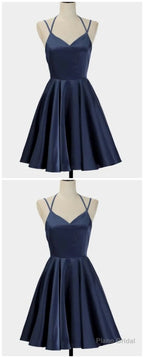 Spark Queen Simple Short Blue Sleeveless V Neck Mini Evening Dress, Women Dress, Satin Ruffles Spaghetti Straps Homecoming Dress