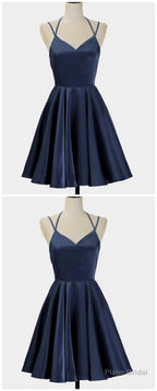 Spark Queen Simple Short Blue Sleeveless V Neck Mini Evening Dress, Women Dress, Satin Ruffles Spaghetti Straps Homecoming Dress