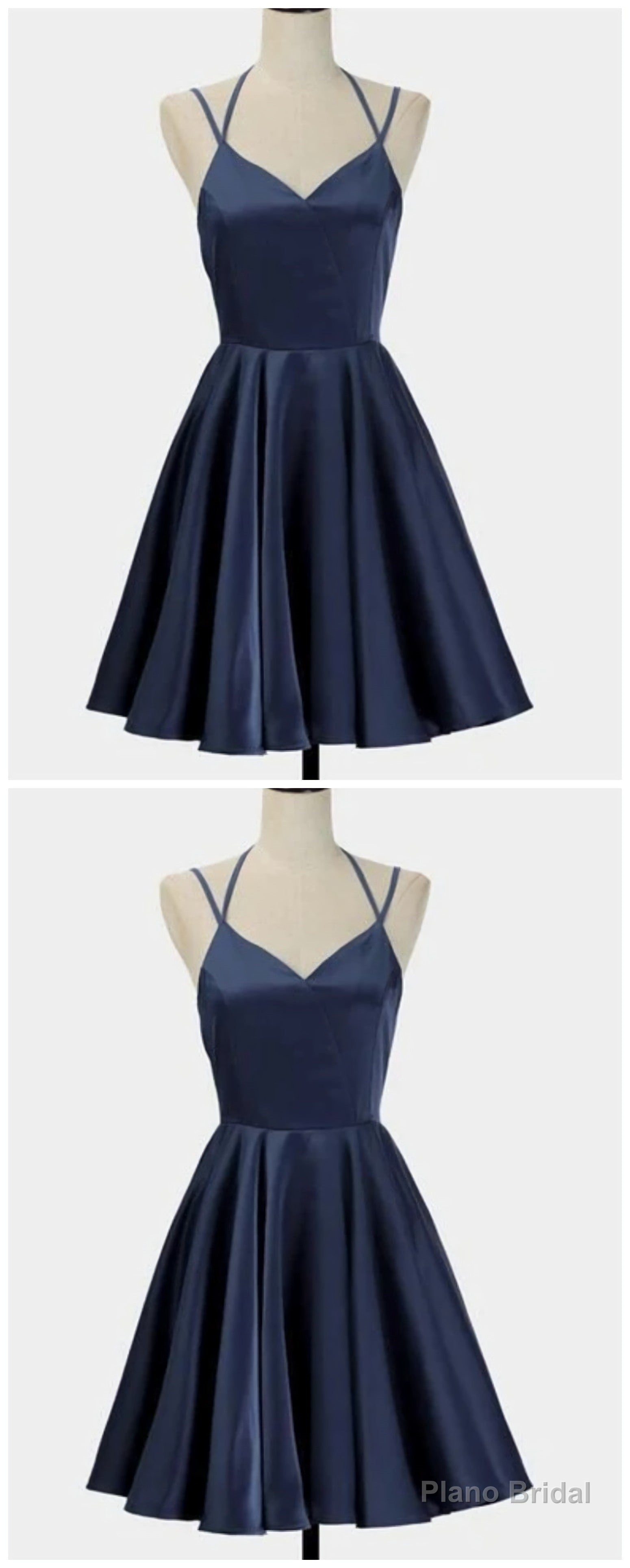 Spark Queen Simple Short Blue Sleeveless V Neck Mini Evening Dress, Women Dress, Satin Ruffles Spaghetti Straps Homecoming Dress