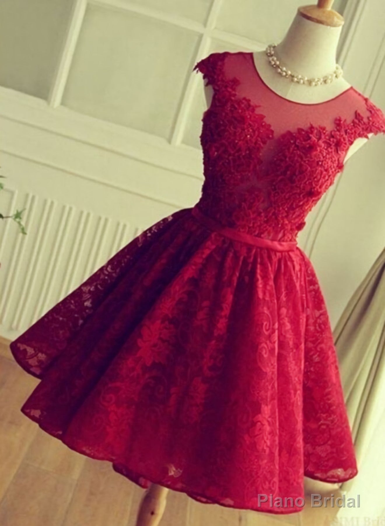 A Line Crew Cap Sleeves Red Lace Homecoming Dress With Appliques Secondary image