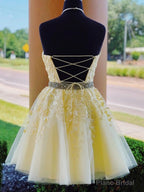 Charming A-Line Halter Cross Back Yellow Tulle Short with Appliques Homecoming Dresses