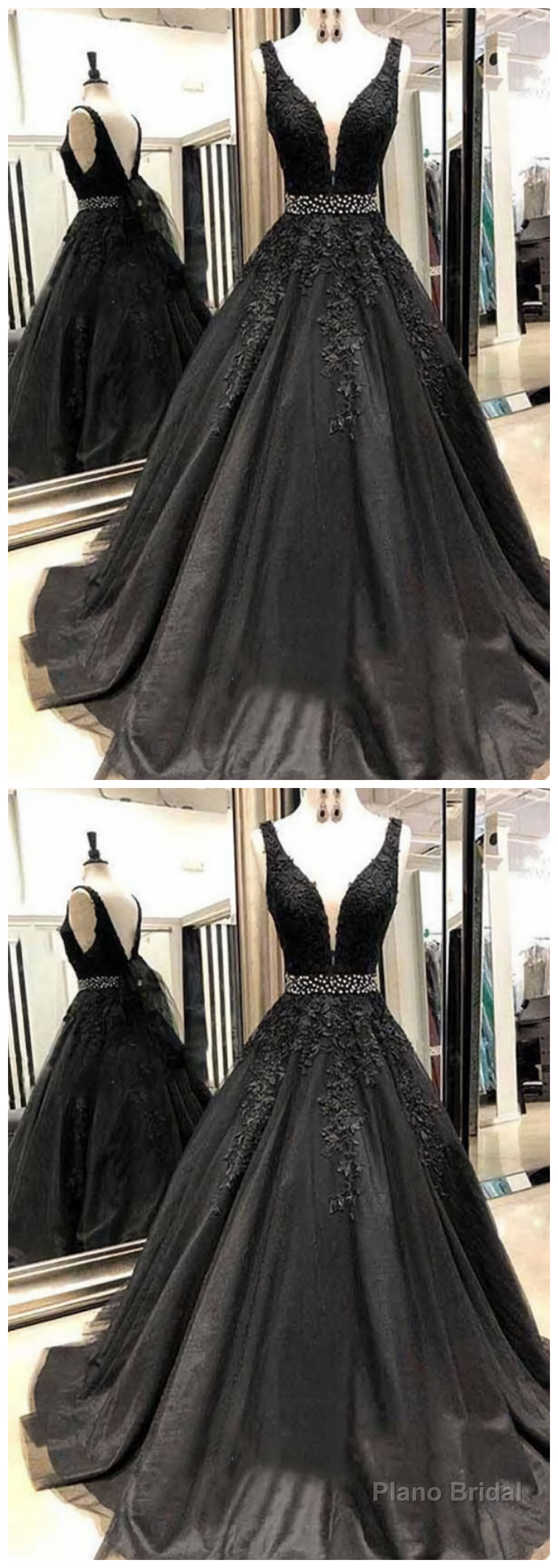 Black Appliques Prom Dress With Beaded Waist A Line Tulle Long Graduation Dresses Secondary image