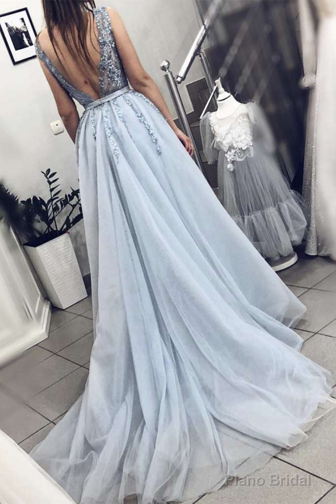 Light Blue A Line V Neck Backless Beaded Top Tulle Long Prom Dress, Backless Light Blue Formal Dresses, Evening Dresses Main image